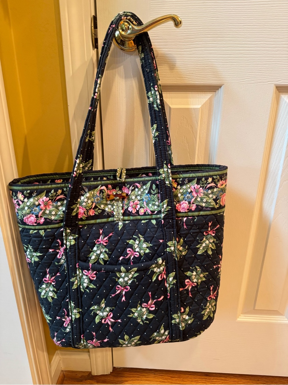 Vera Bradley Black Quilted Tote with Pink Floral and Green Leaf Accents